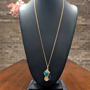 Extra Long Gold Tone Necklace 30" with Green Charms & Bee Charm